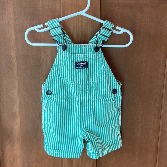 6m retro OshKosh green and white pin striped shirt overalls - Picture 1 of 2